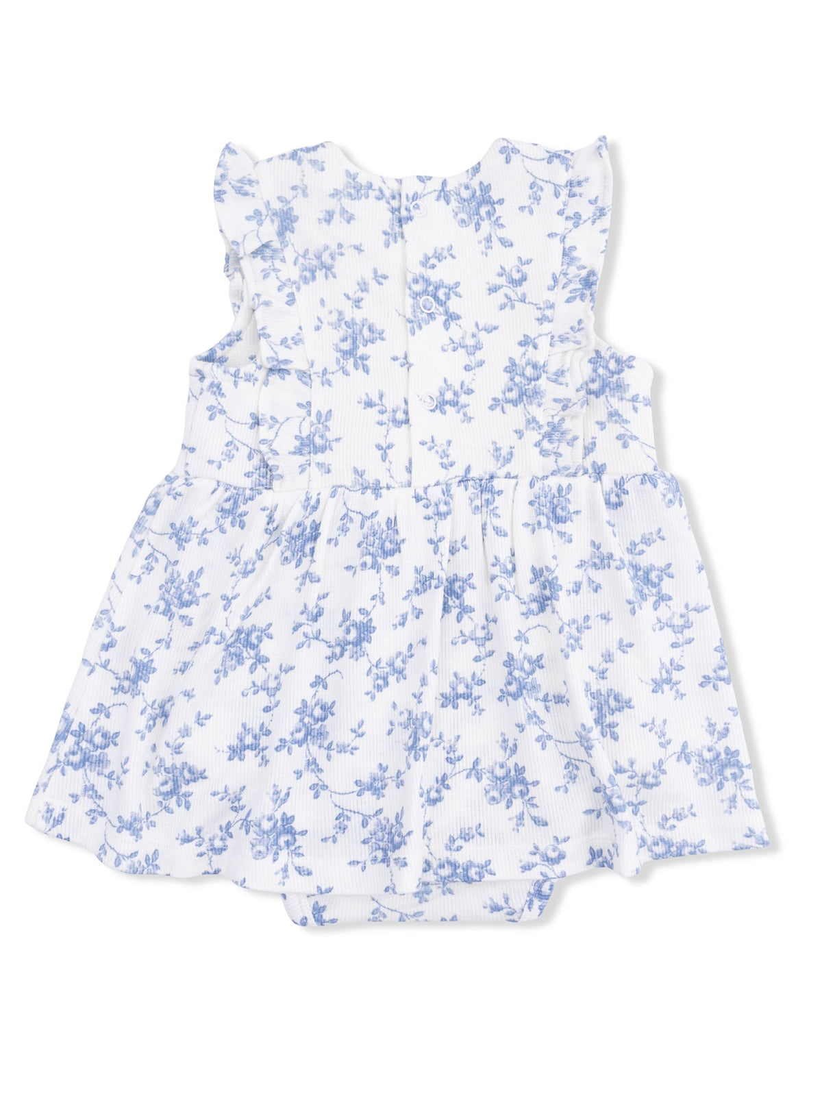 White floral dress with blue patterns and ruffled sleeves, viewed from the back. Suitable for infants.