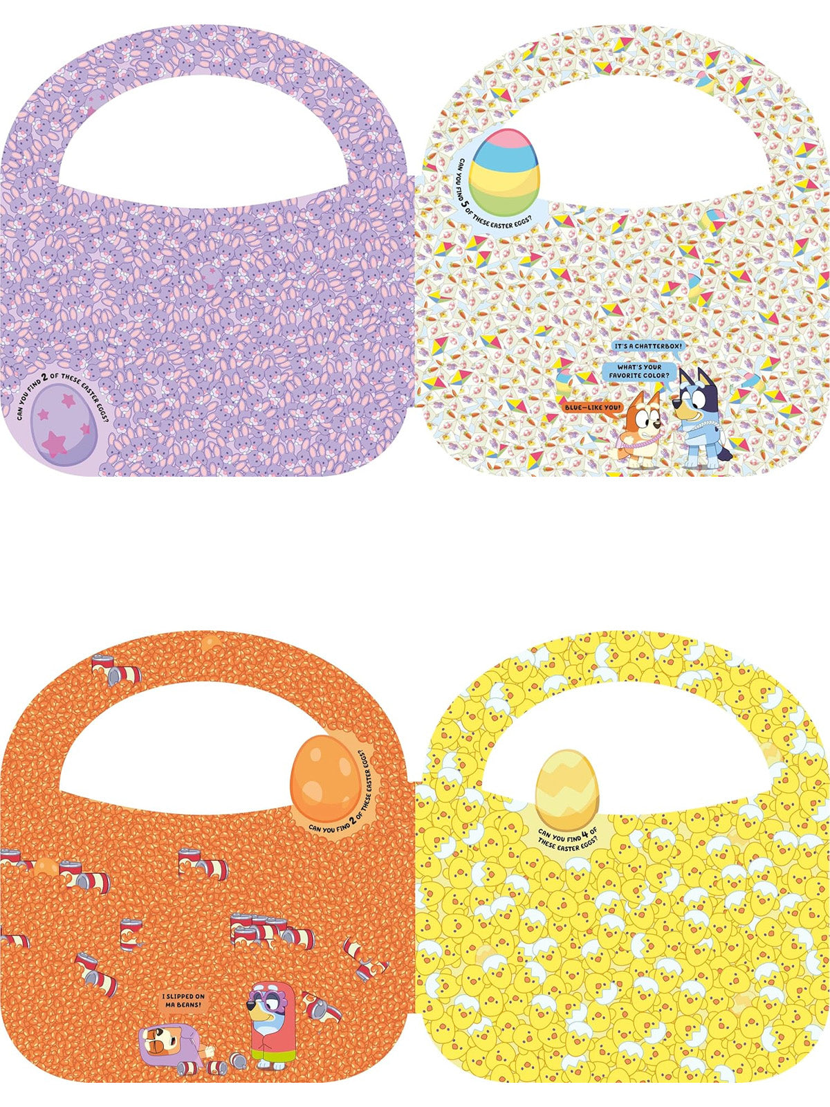 Colorful bags with various patterns and hidden Easter eggs, featuring playful characters and vibrant designs.