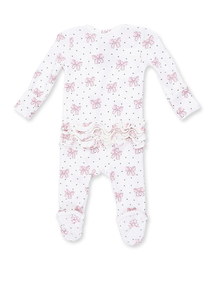 Ribbed 2-Way Ruffle Zip Footie, Bows and Hearts