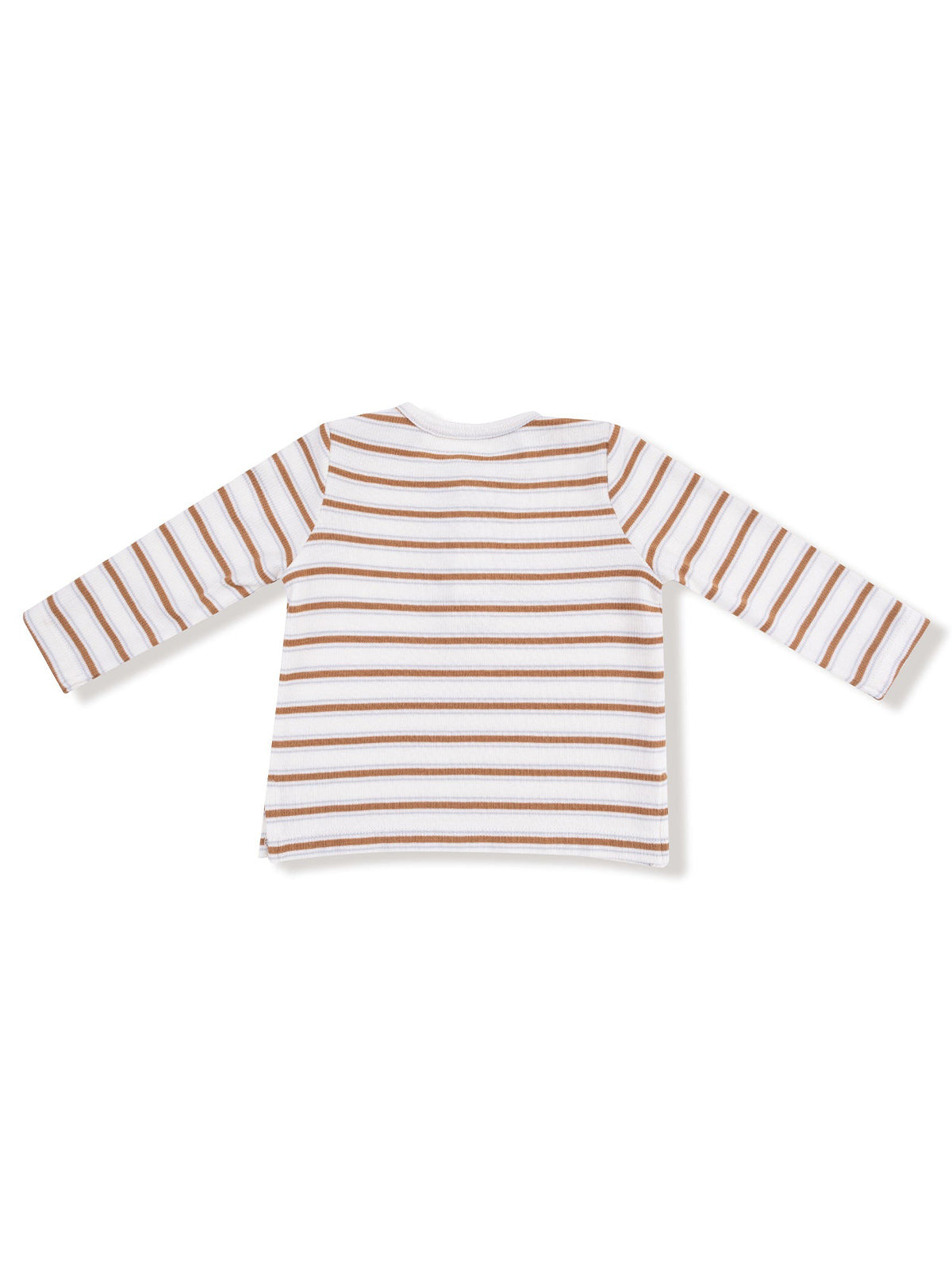 Back view of a long-sleeve striped shirt in white and brown colors.