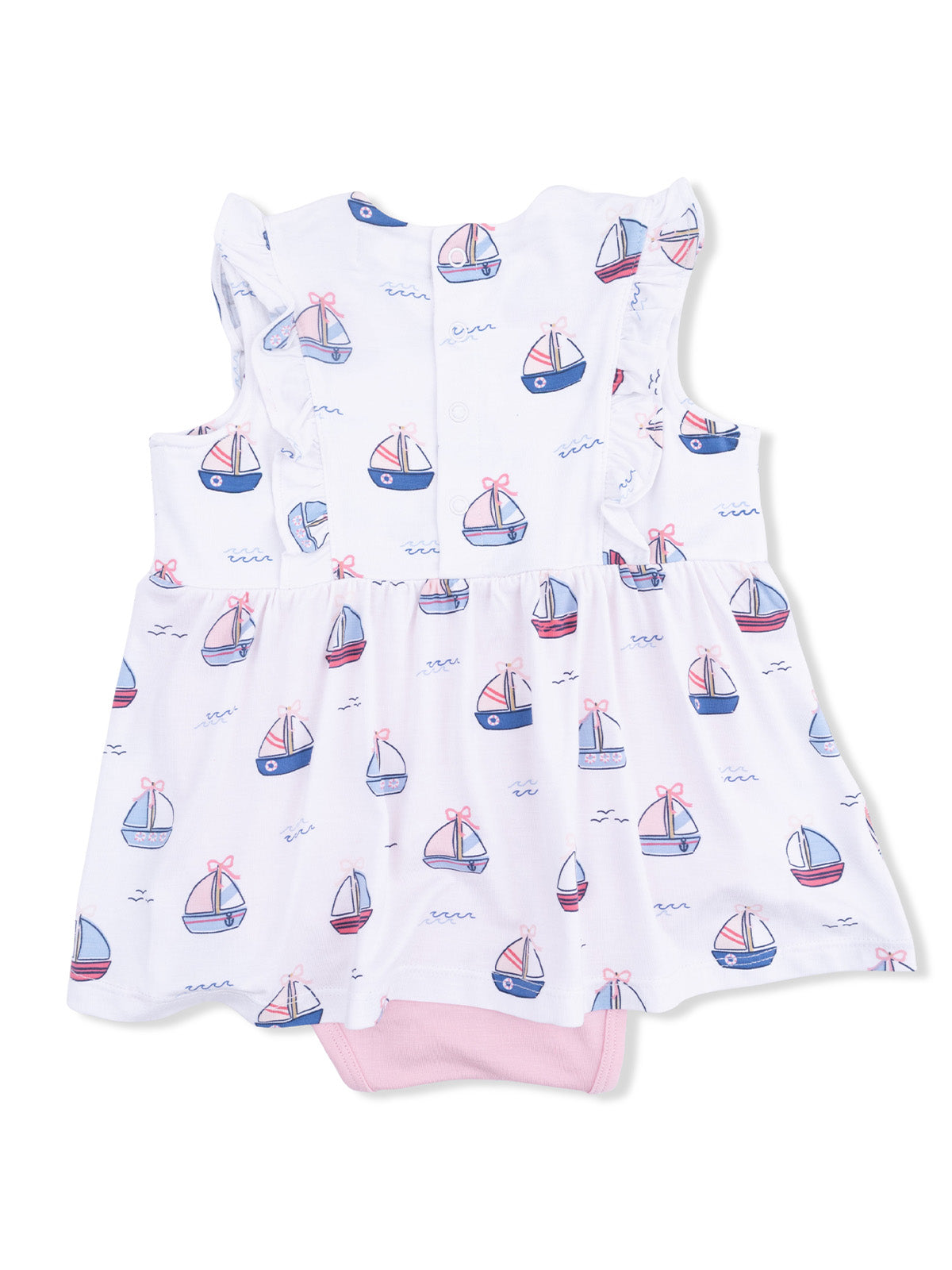 White baby dress with boat print, ruffled shoulders, and pink details, perfect for warm weather outfits.