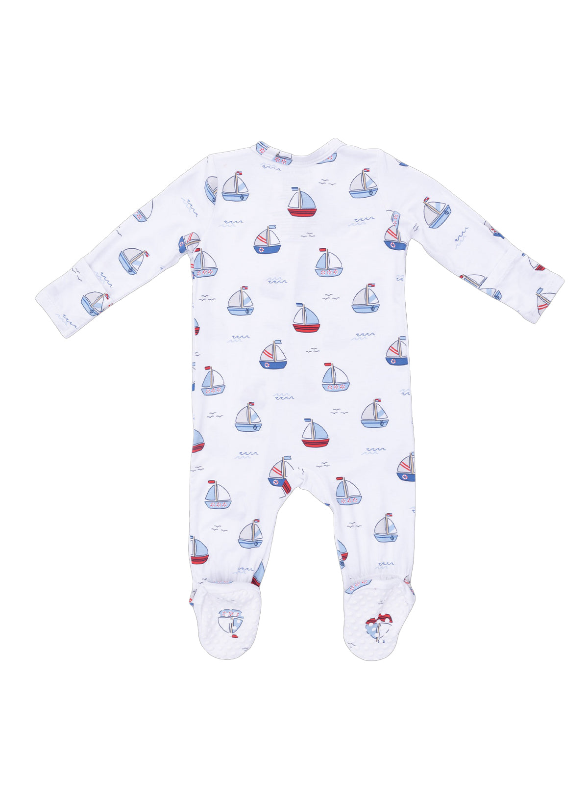 White baby onesie with sailboat pattern and long sleeves, featuring footed design for comfort.