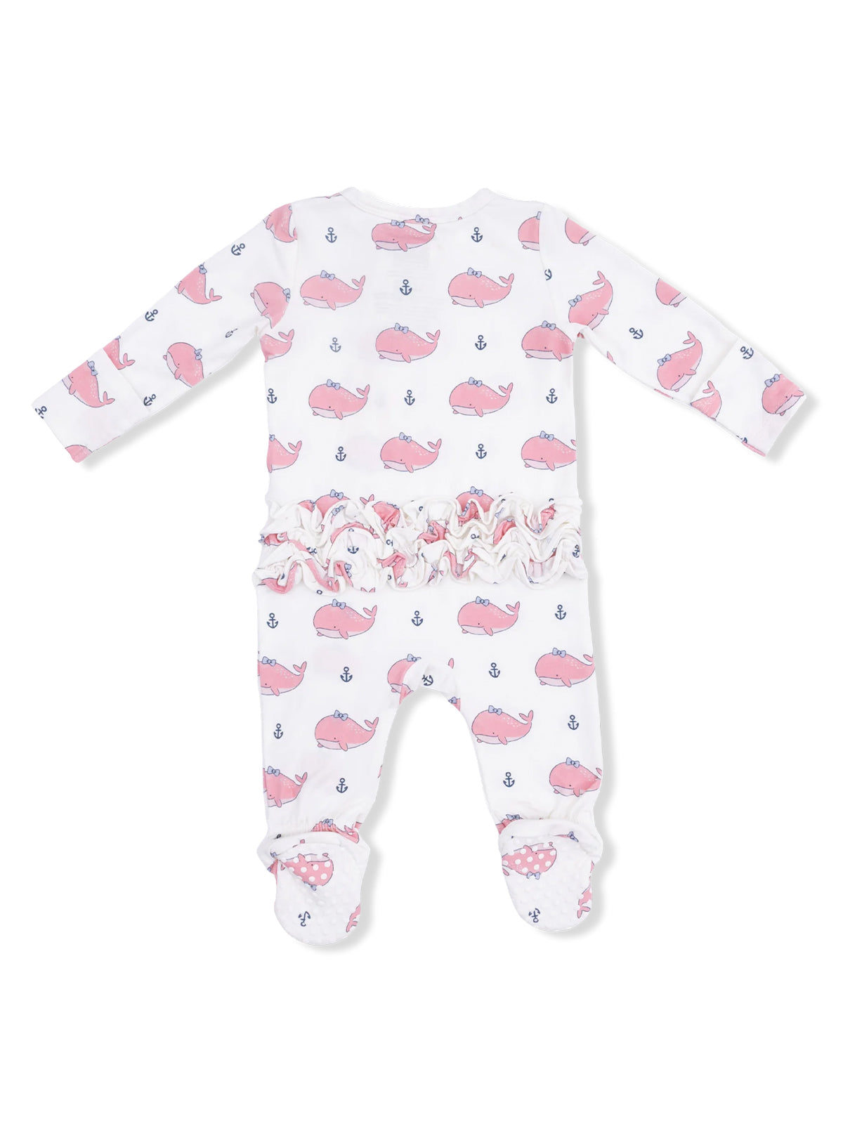 White baby onesie with pink whale print and ruffled trim, featuring footed design and long sleeves.