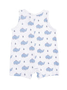 White toddler romper featuring a playful whale and anchor pattern. Ideal for summer outings.