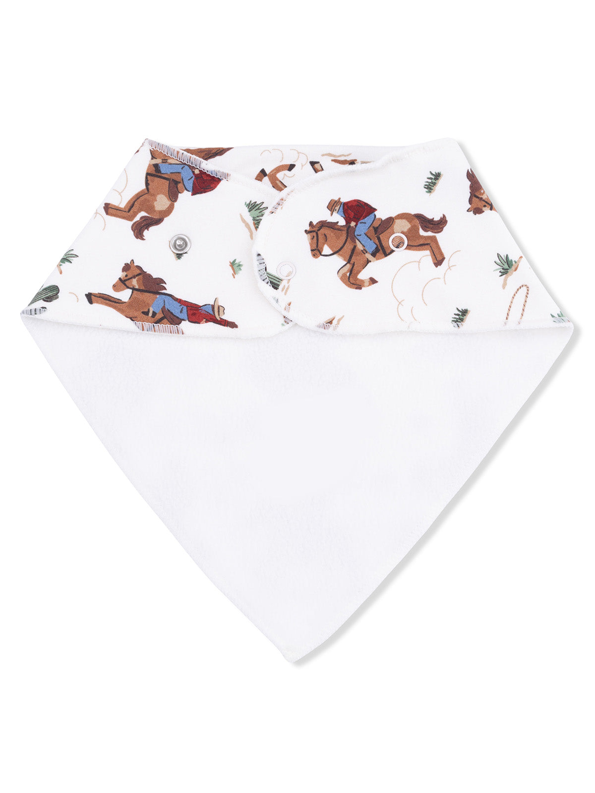 Baby bandana bib featuring a cowboy and horse print on a white background. Ideal for stylish feeding and drool.