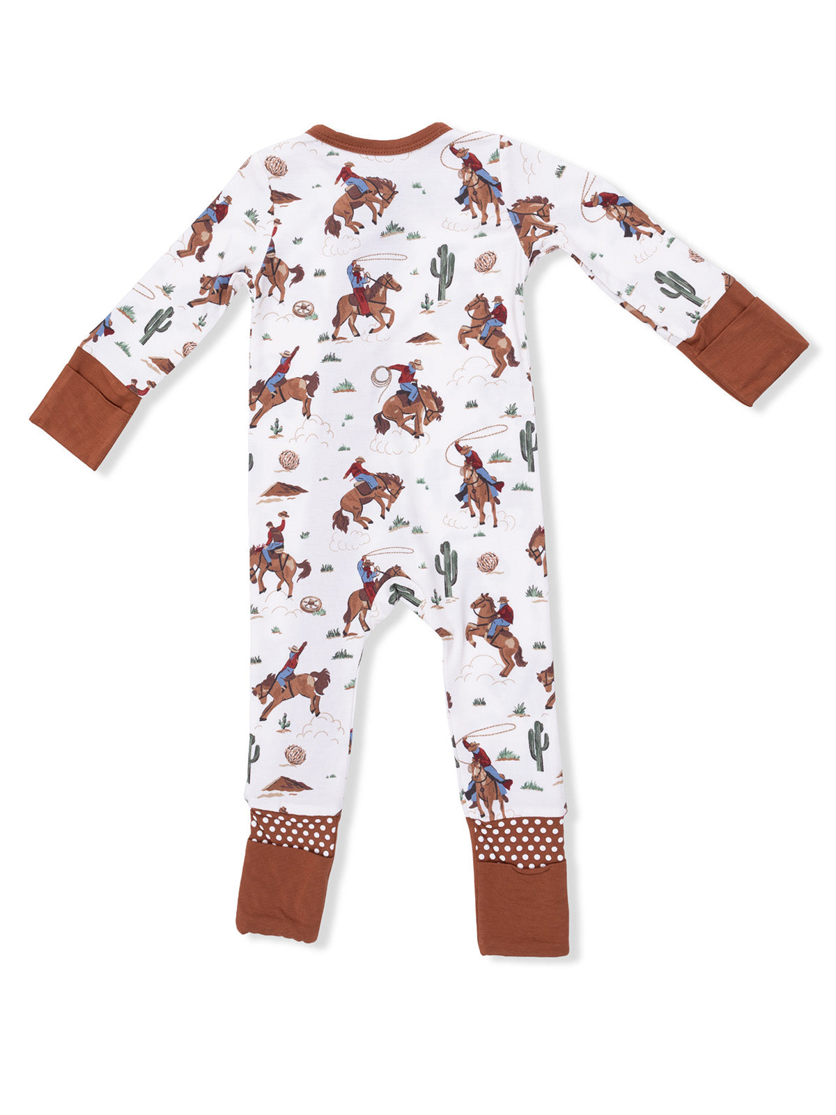 Children's pajamas featuring a cowboy theme with illustrations of rodeo scenes and cacti on a white background.