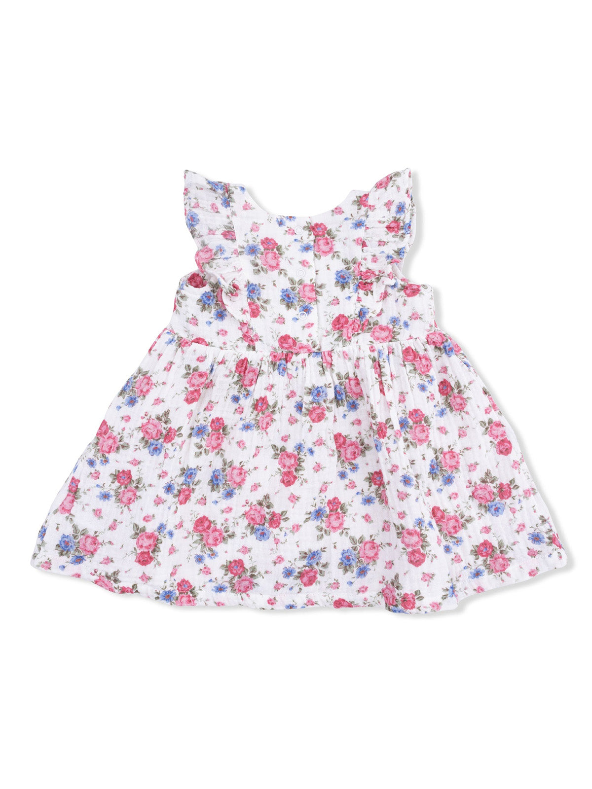 Floral print dress with ruffled sleeves, featuring pink and blue flowers on a white background.