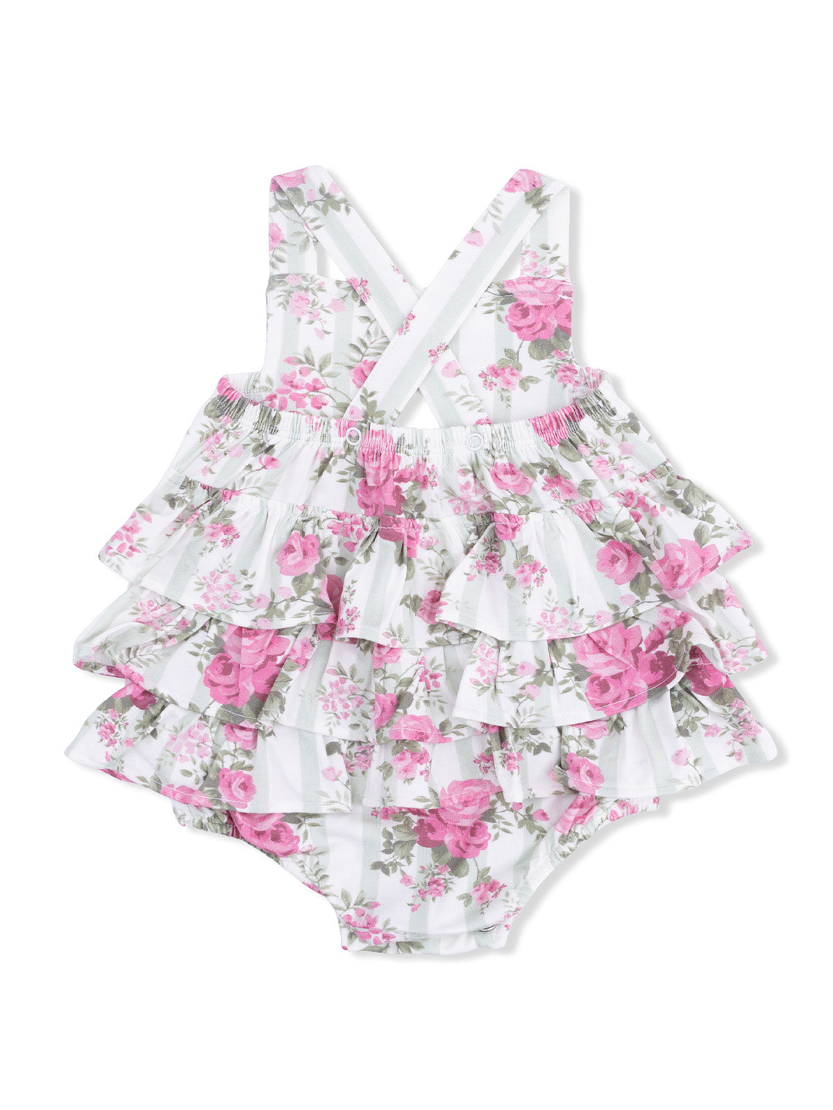 Floral one-piece swimsuit with layered ruffles in pink and white, featuring adjustable straps. Perfect for summer fun.