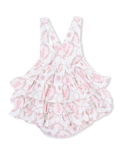 Pink floral ruffled romper with spaghetti straps for infants, featuring a delicate bunny pattern.
