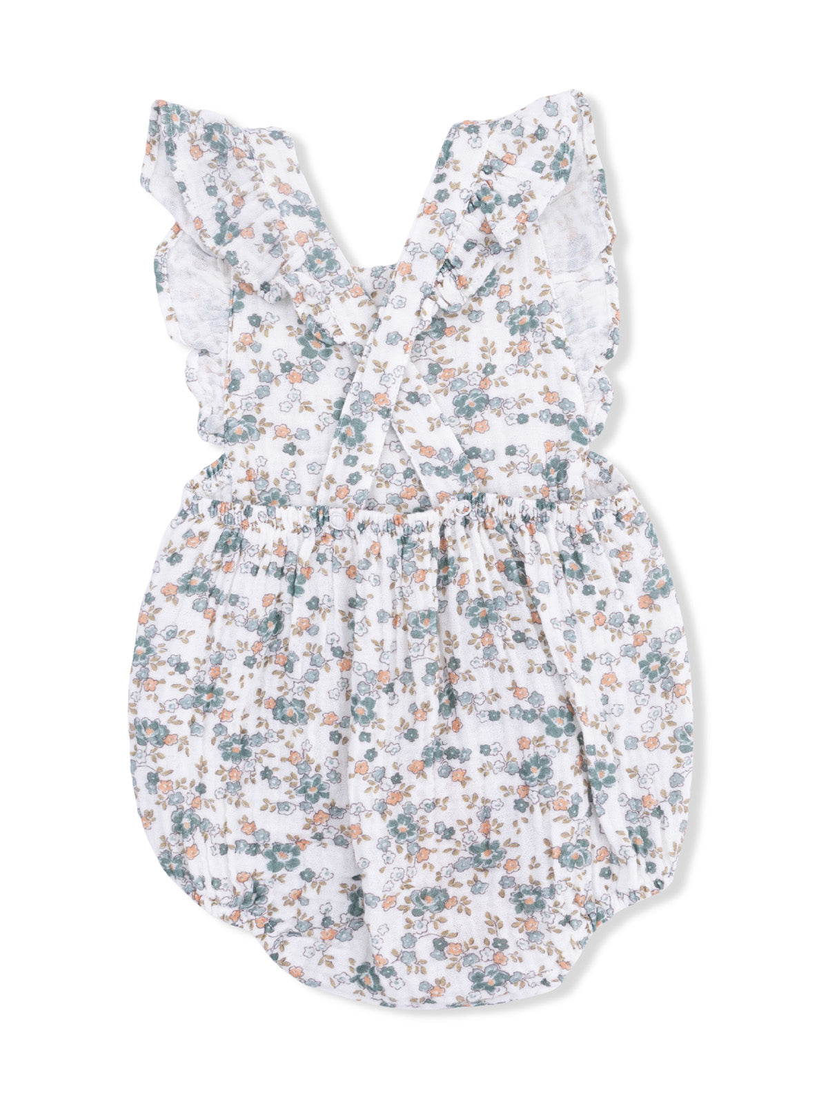 Floral baby romper with ruffled straps, featuring a white background with green and orange flowers.