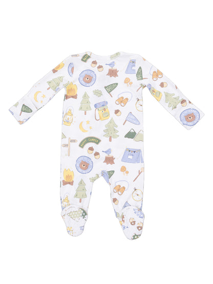 White baby onesie with camping-themed patterns, including bears, trees, and outdoor icons.