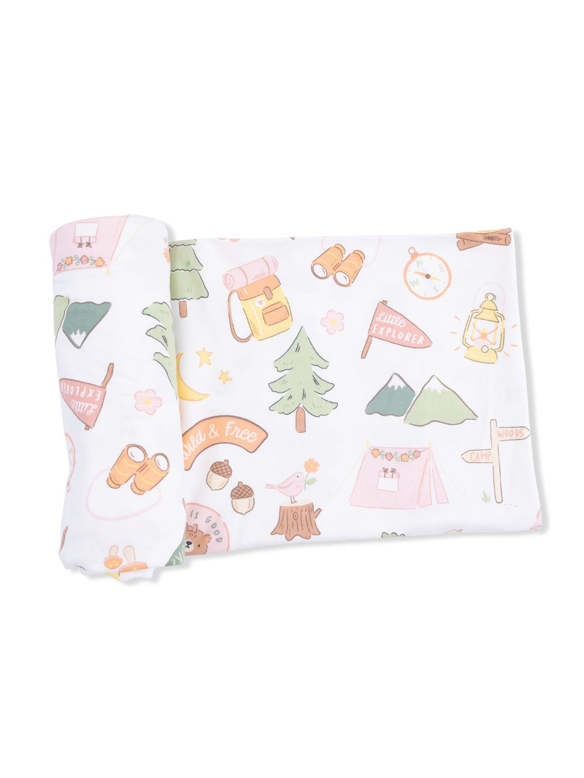 Colorful camping-themed fabric featuring trees, tents, binoculars, and the phrase "Wild & Free."