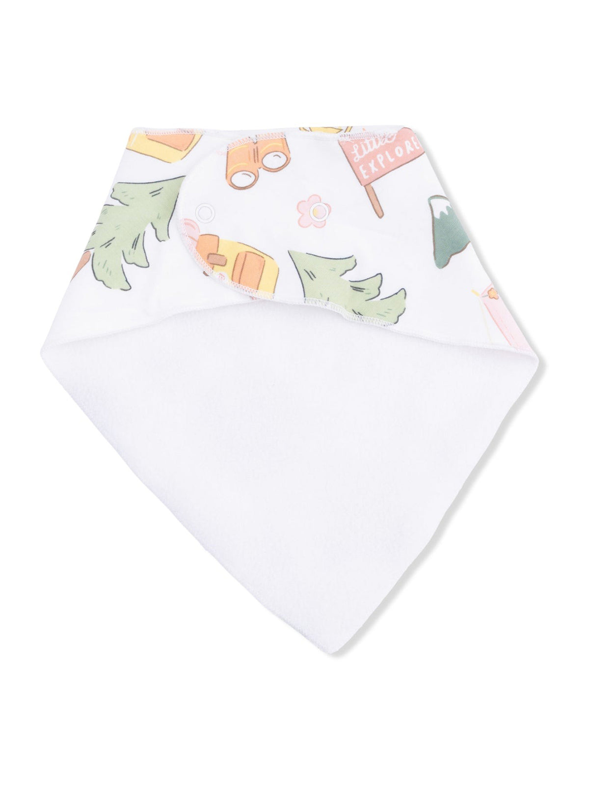 Colorful baby bandana bib featuring nature-themed illustrations on a soft white background.