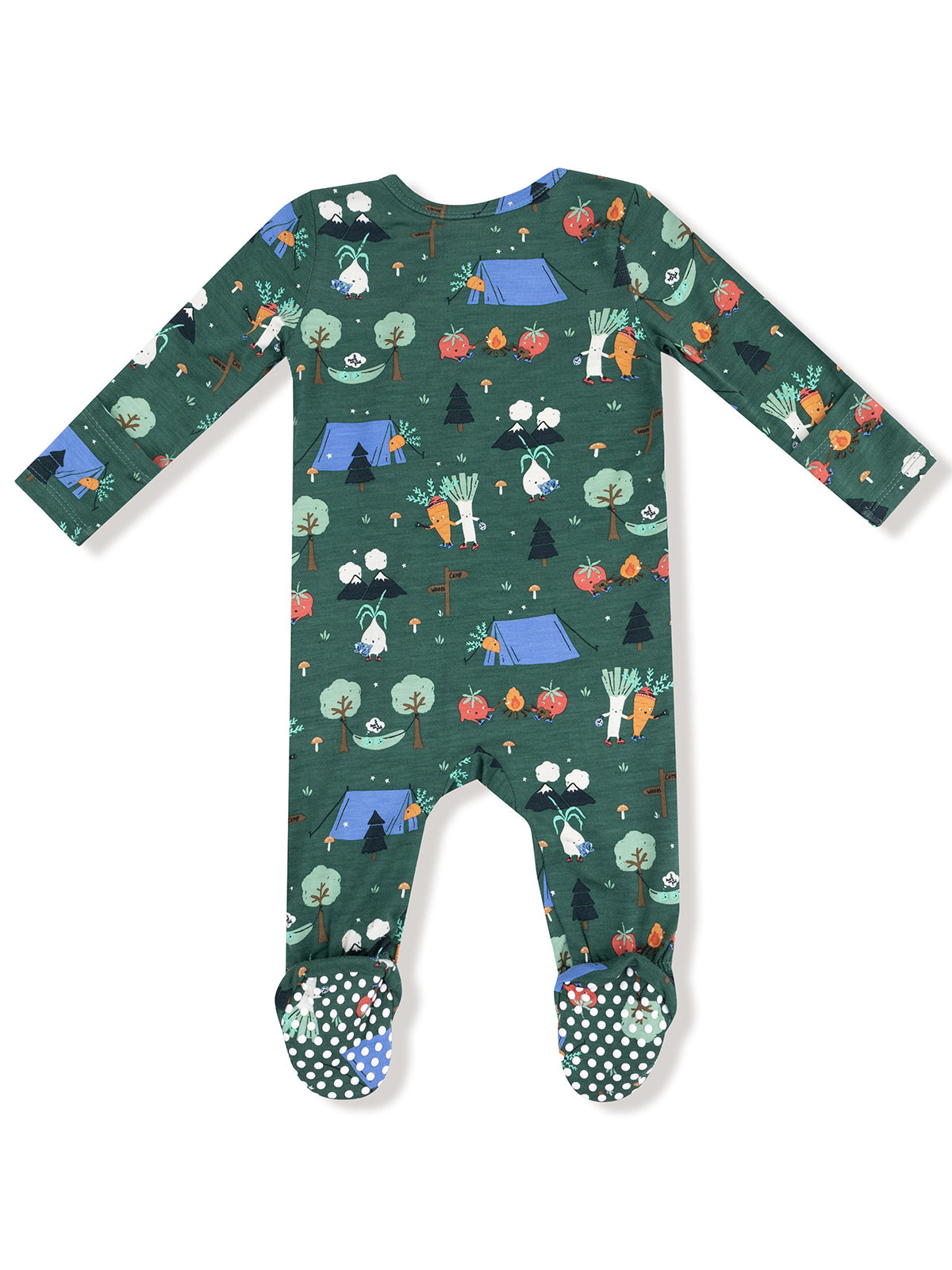 Green onesie with playful camping-themed print featuring tents, vegetables, and forest elements.