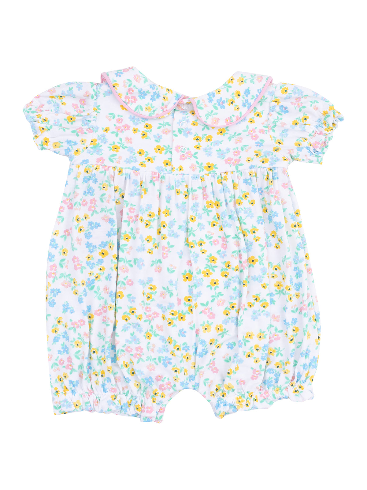 Floral baby romper in pastel colors with a Peter Pan collar and short puff sleeves.