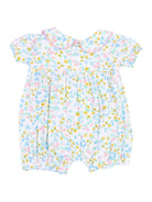 Floral baby romper in pastel colors with a Peter Pan collar and short puff sleeves.