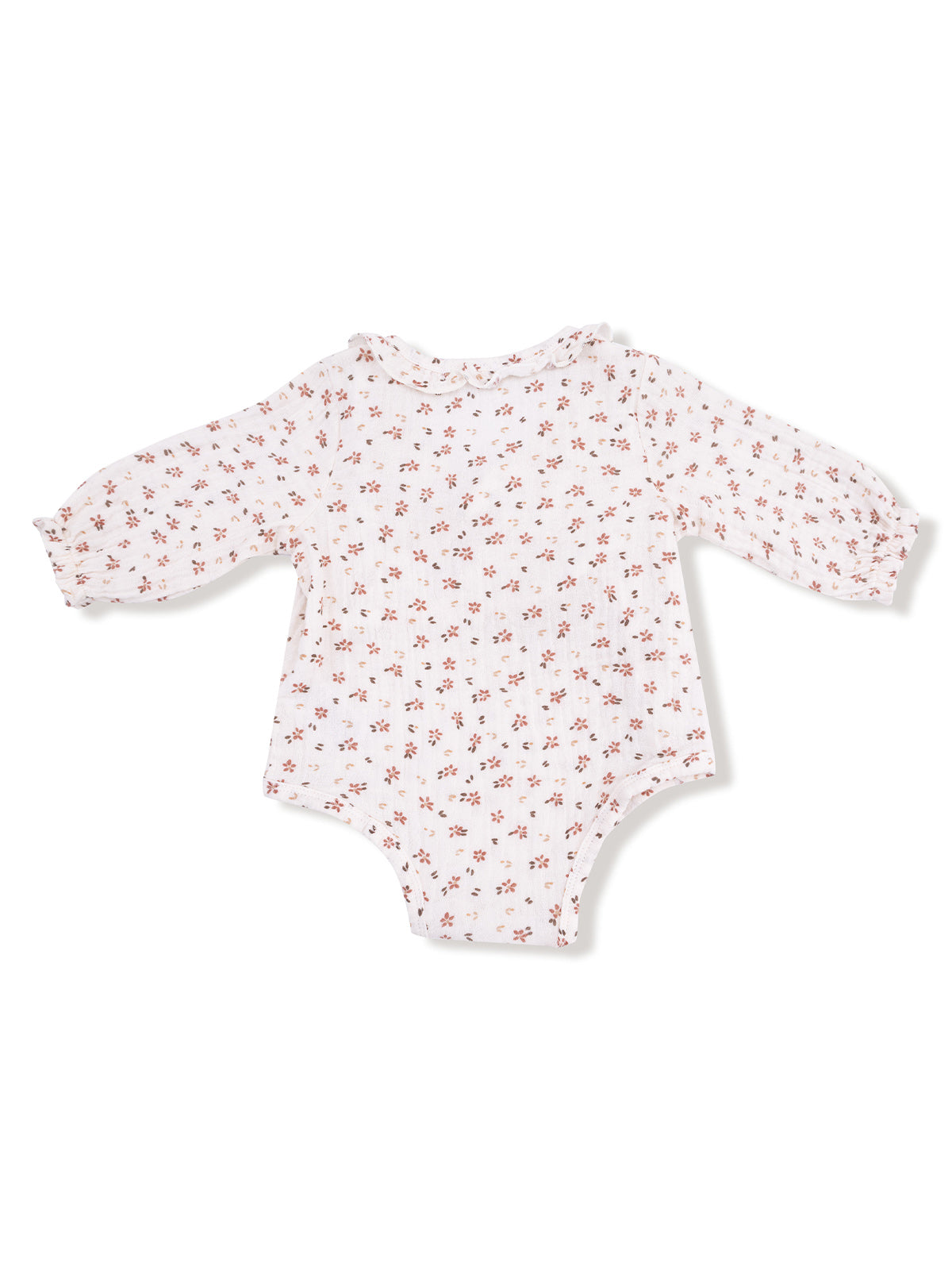 White baby bodysuit with floral print and long sleeves on a light background.