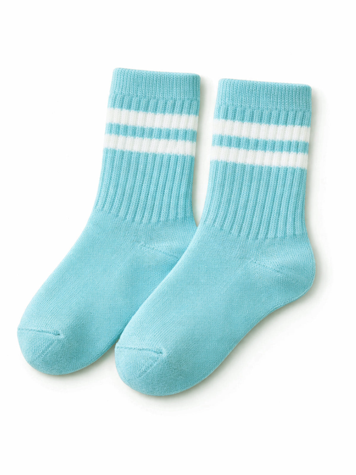 Light blue crew socks with white stripes at the top, laid flat on a white background.