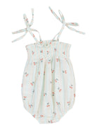 Light blue infant romper with cherry print and tie straps, featuring a smocked bodice and puffed shorts.