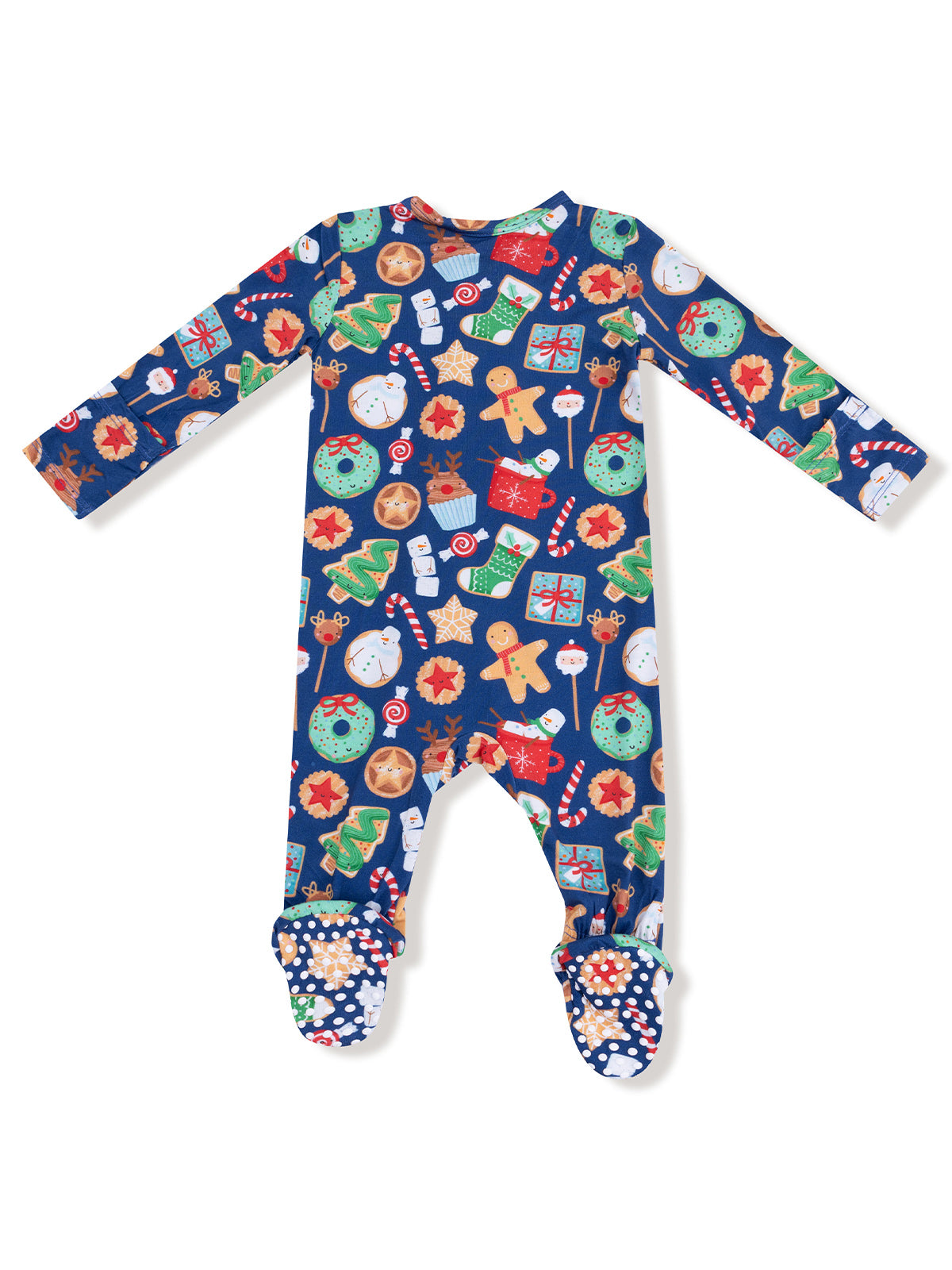 Festive infant onesie featuring a colorful holiday pattern of cookies, gifts, and ornaments on a navy background.