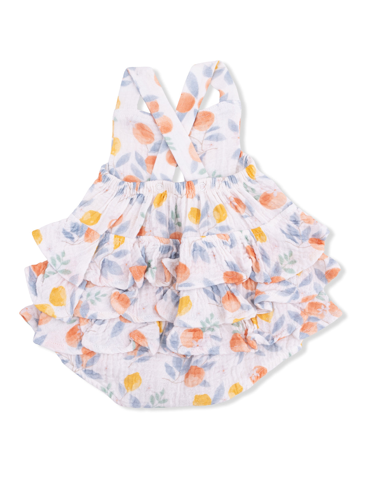 Floral ruffled baby romper in soft pastel colors with crossback straps. Ideal for warm weather outfits.