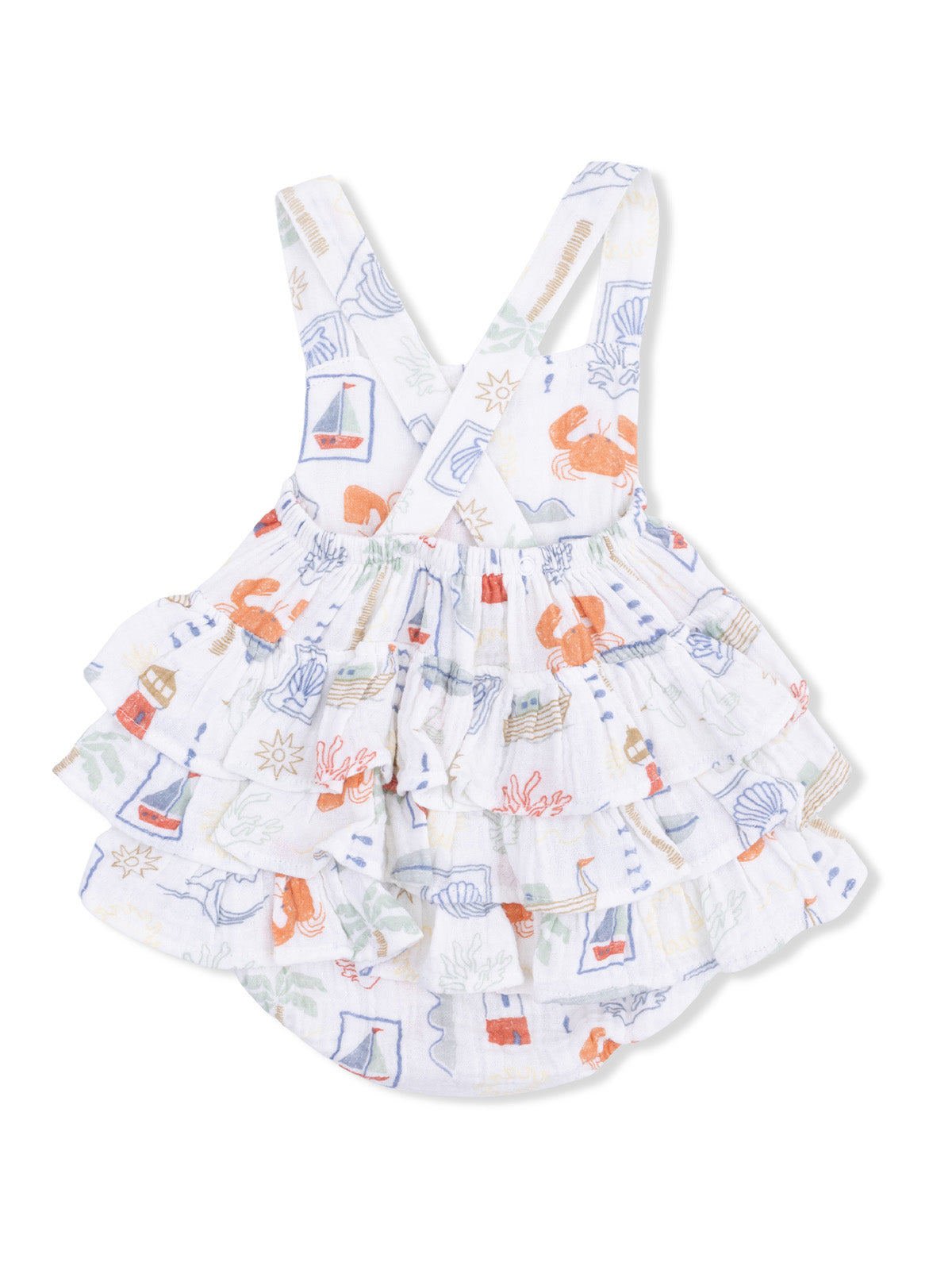 White ruffled dress with colorful sea-themed patterns, featuring crabs, boats, and shells. Perfect for summer.