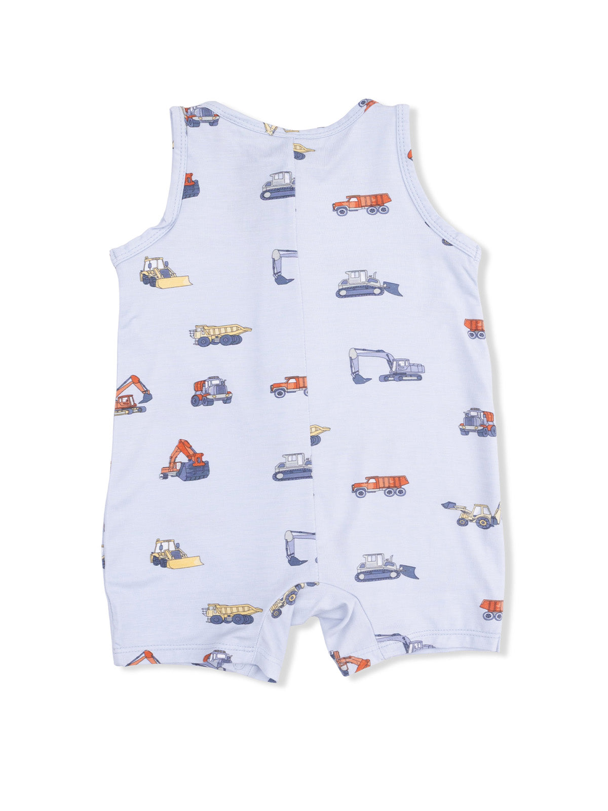 Light blue romper with colorful construction vehicle patterns, designed for toddlers.