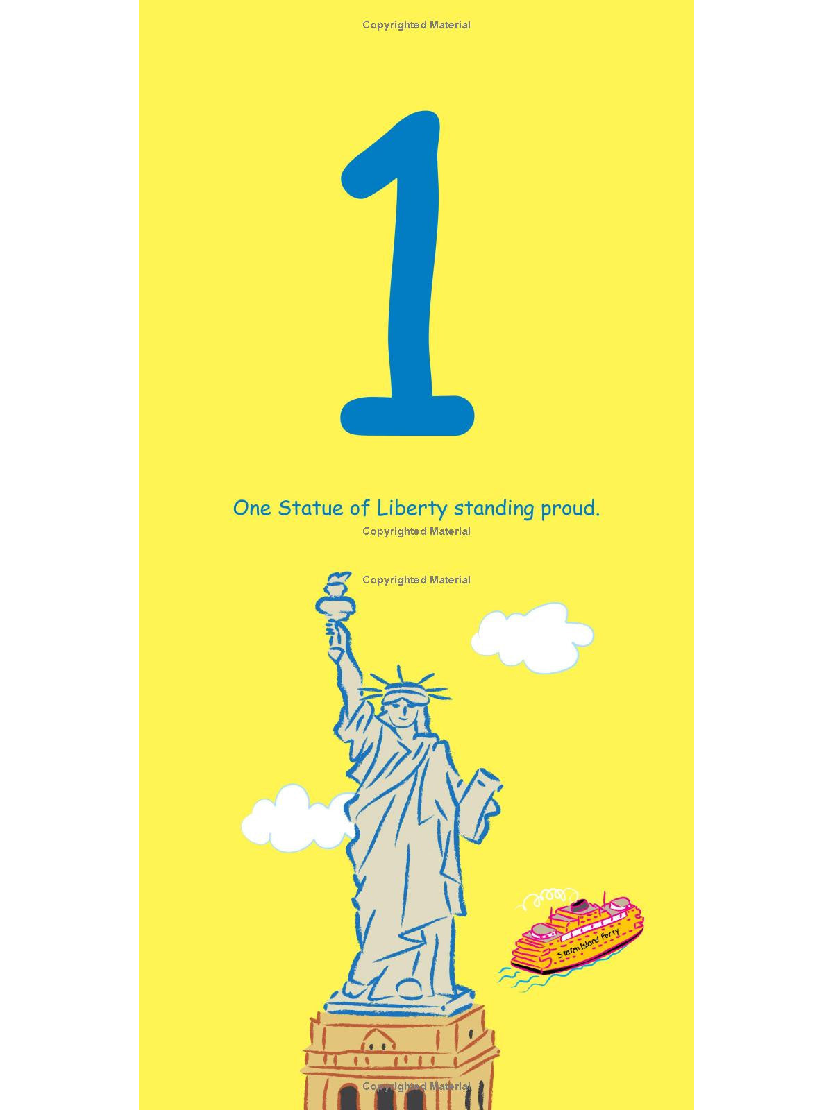 Illustration of the Statue of Liberty with a boat and clouds on a bright yellow background, labeled "1".