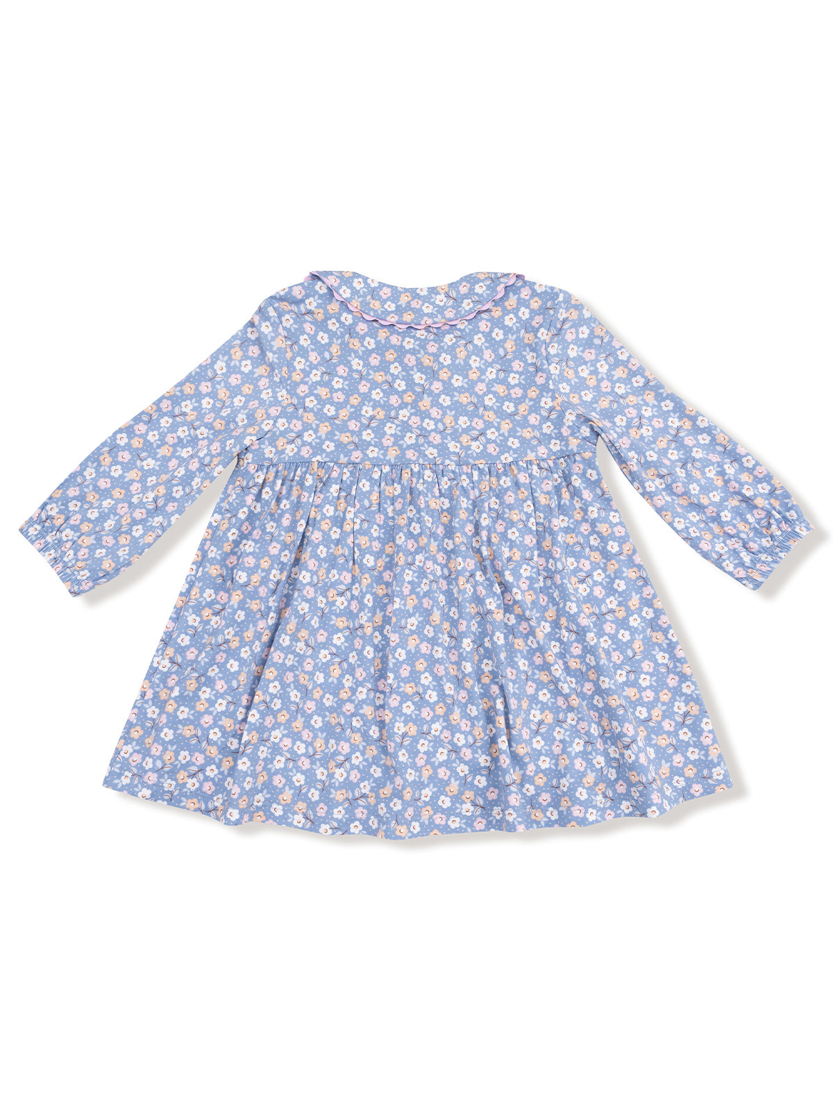 Blue floral dress with long sleeves and a round collar, featuring a gathered waist and flowy skirt.