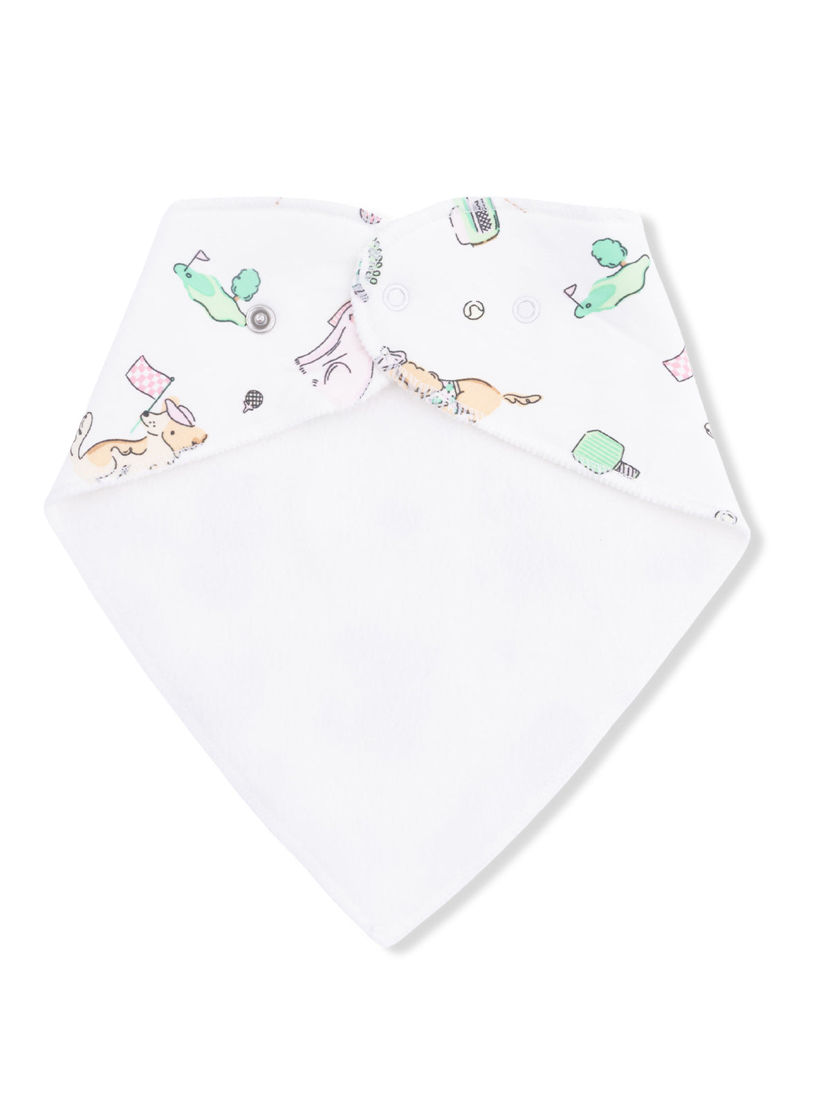 Colorful baby bib with cute animal prints and snaps, made from soft fabric, ideal for mealtime and drooling.