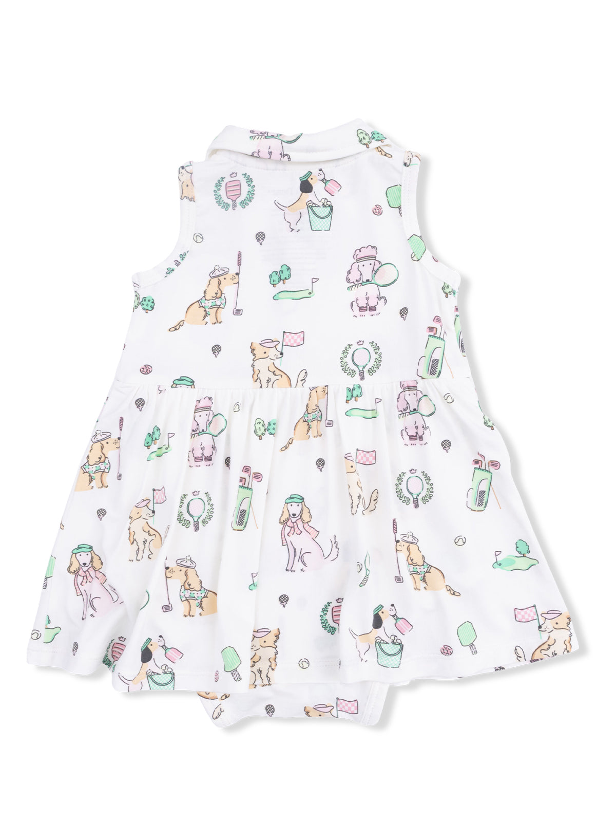 White dress featuring colorful dog illustrations and playful designs on a flared skirt.