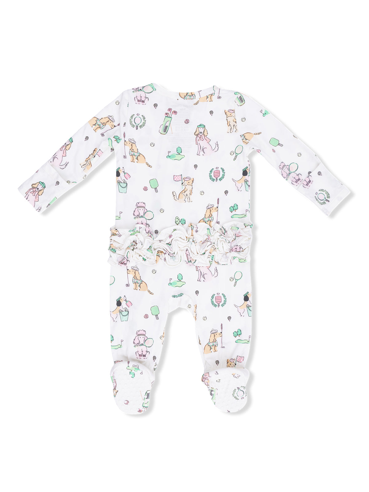Baby onesie with playful dog illustrations and ruffled waist, featuring pastel colors on a white background.