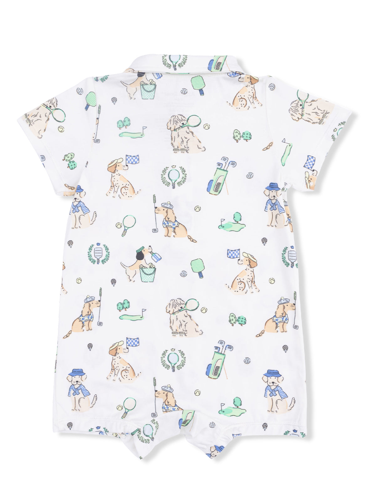 White baby romper with playful dog illustrations and golf-themed elements.