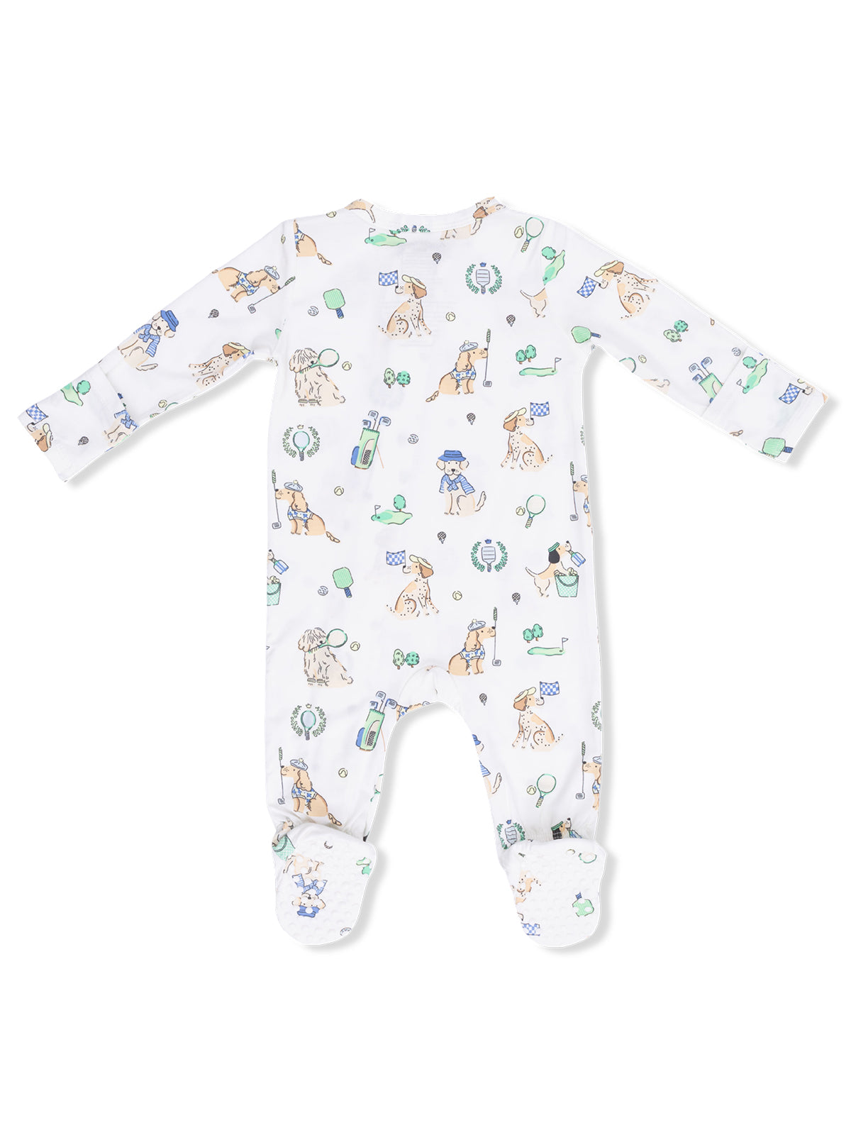 White onesie with playful dog-themed illustrations and long sleeves. Ideal for infants.