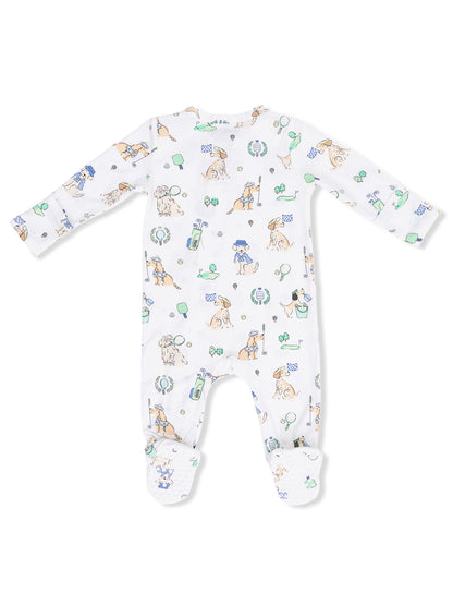 White onesie with playful dog-themed illustrations and long sleeves. Ideal for infants.