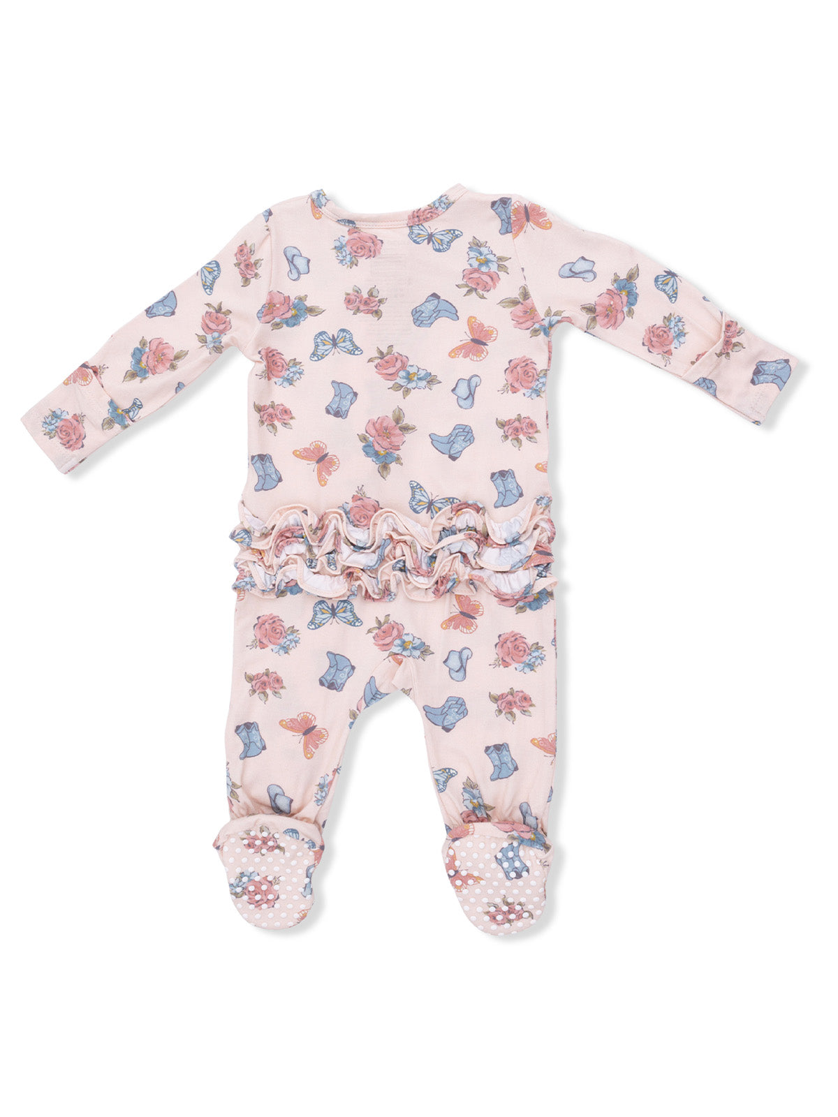 Pink floral baby onesie with long sleeves and ruffled waist, featuring butterflies and boot designs.