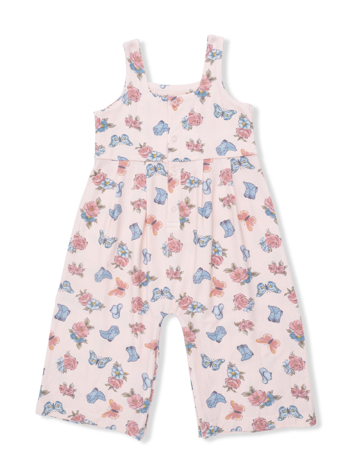 Floral patterned children’s romper in soft pink with butterflies and roses. Ideal for warm weather wear.