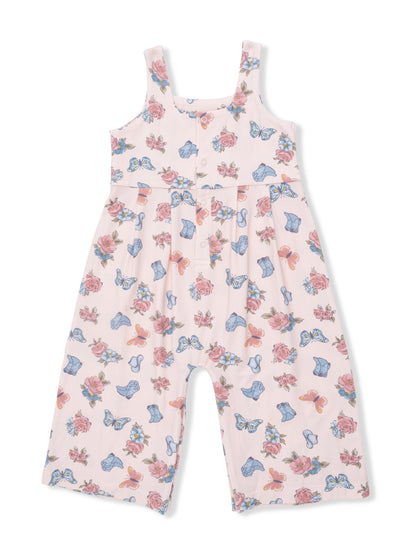 Floral patterned children’s romper in soft pink with butterflies and roses. Ideal for warm weather wear.