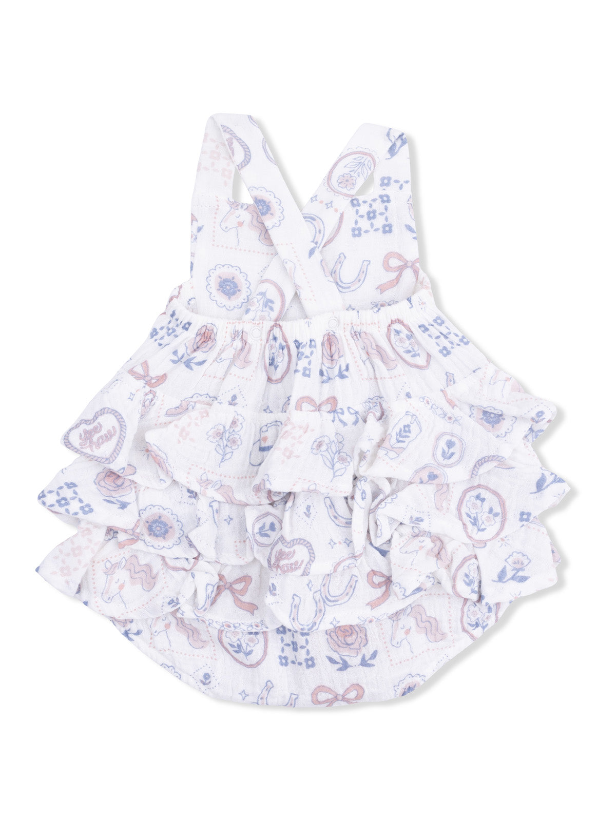 White dress with ruffles and pastel illustrations of flowers, bows, and horses. Ideal for casual wear.