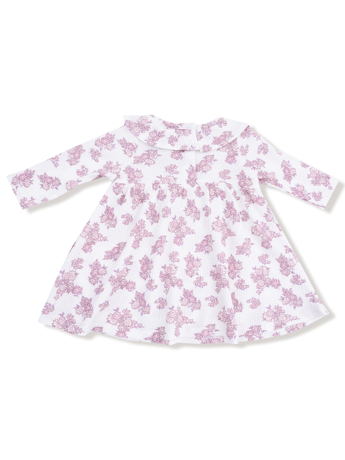 White dress with purple floral pattern and a ruffled collar, viewed from the back.