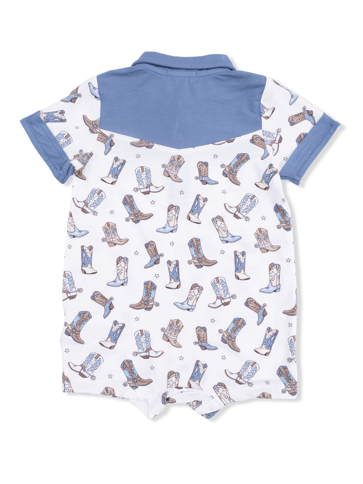 Back view of a short-sleeve onesie featuring a cowboy boot pattern and a light blue collar.