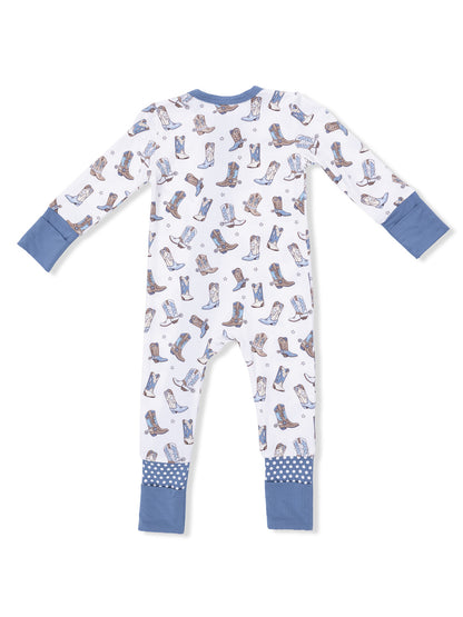 Back view of a children’s onesie decorated with colorful cowboy boots on a white background.