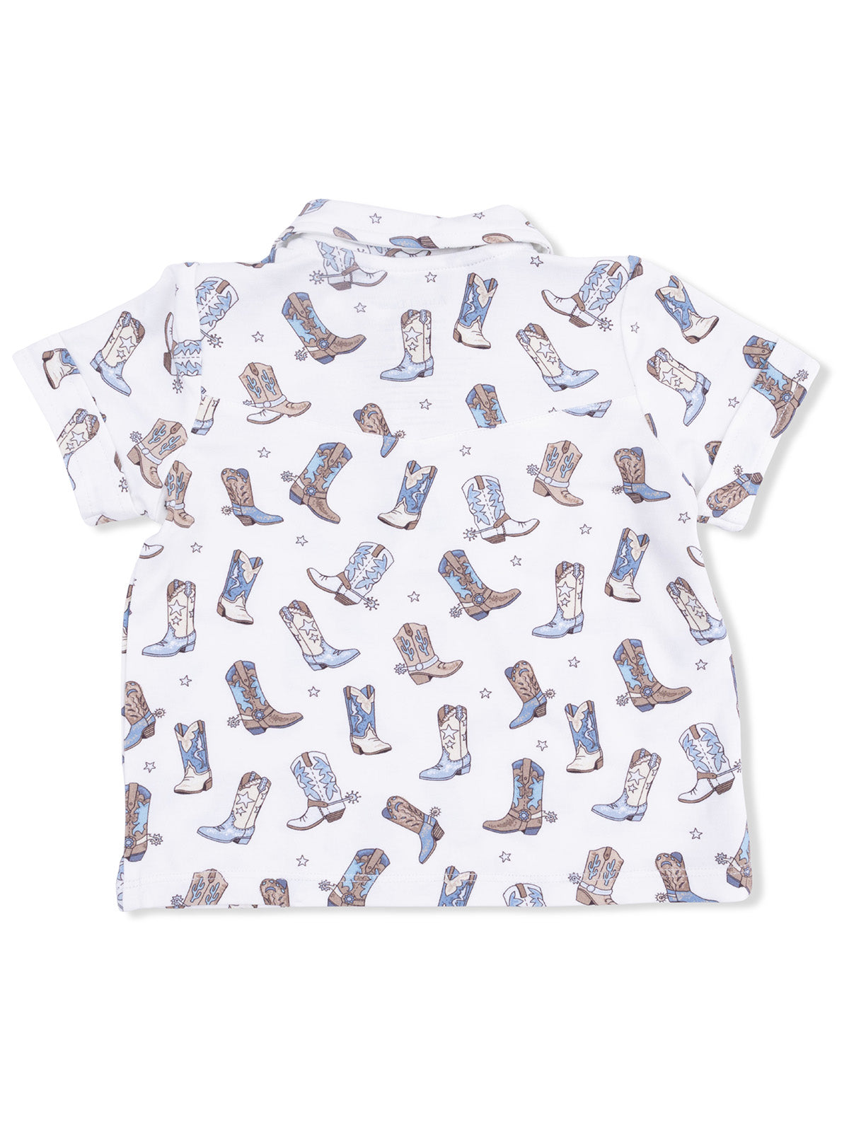 White short-sleeve shirt featuring a playful pattern of cowboy boots in various colors.