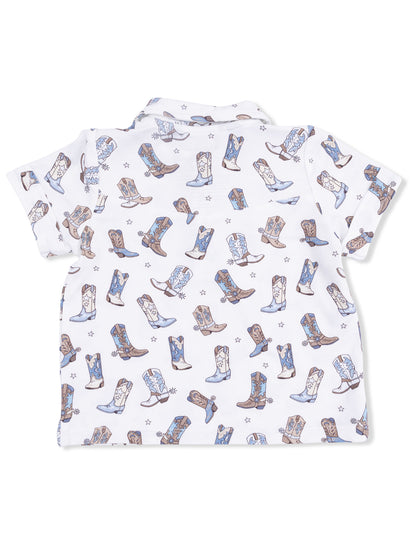 White short-sleeve shirt featuring a playful pattern of cowboy boots in various colors.