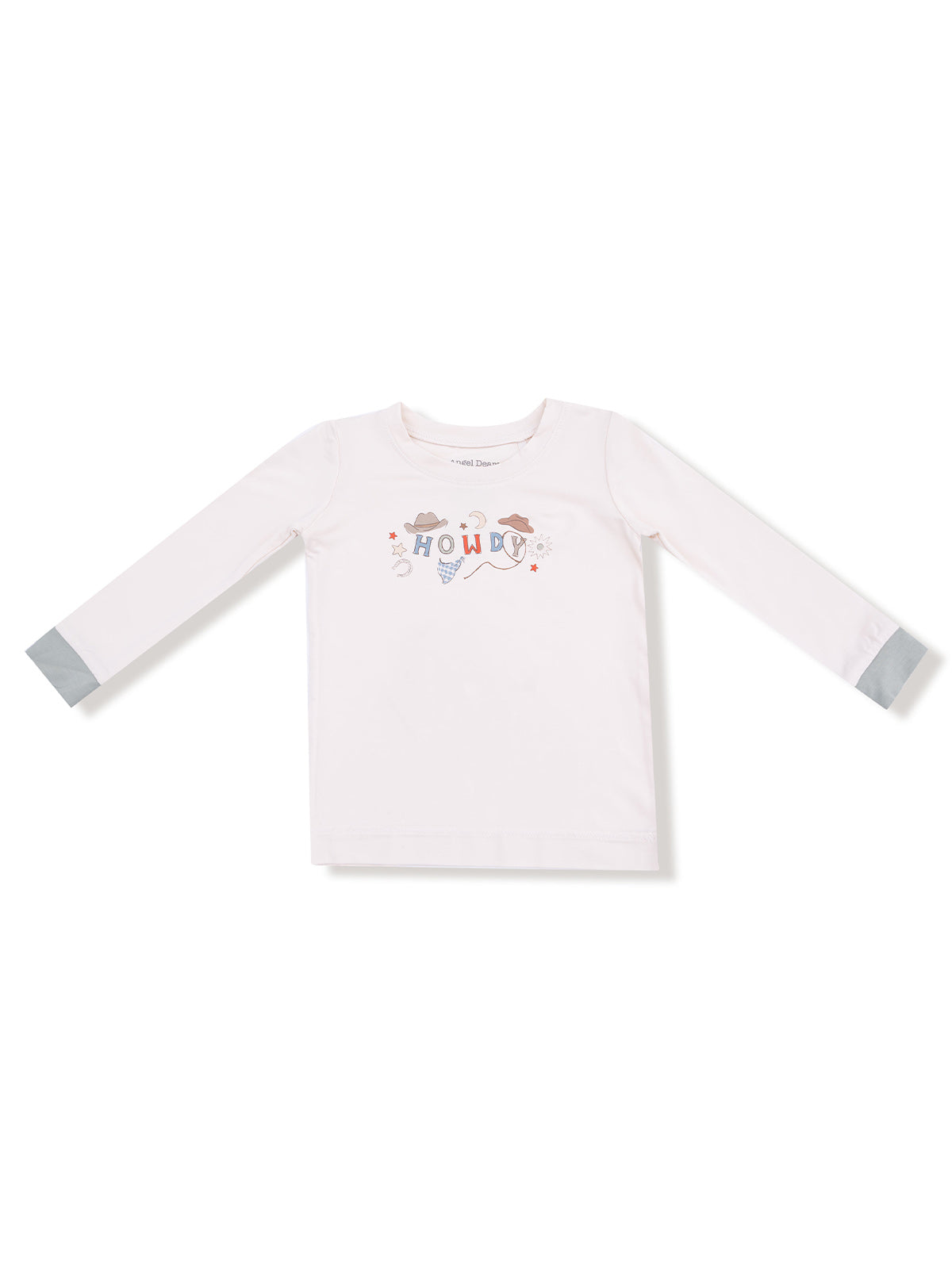 White long-sleeve shirt with "Howdy" graphic and gray cuffs. Perfect for casual wear.
