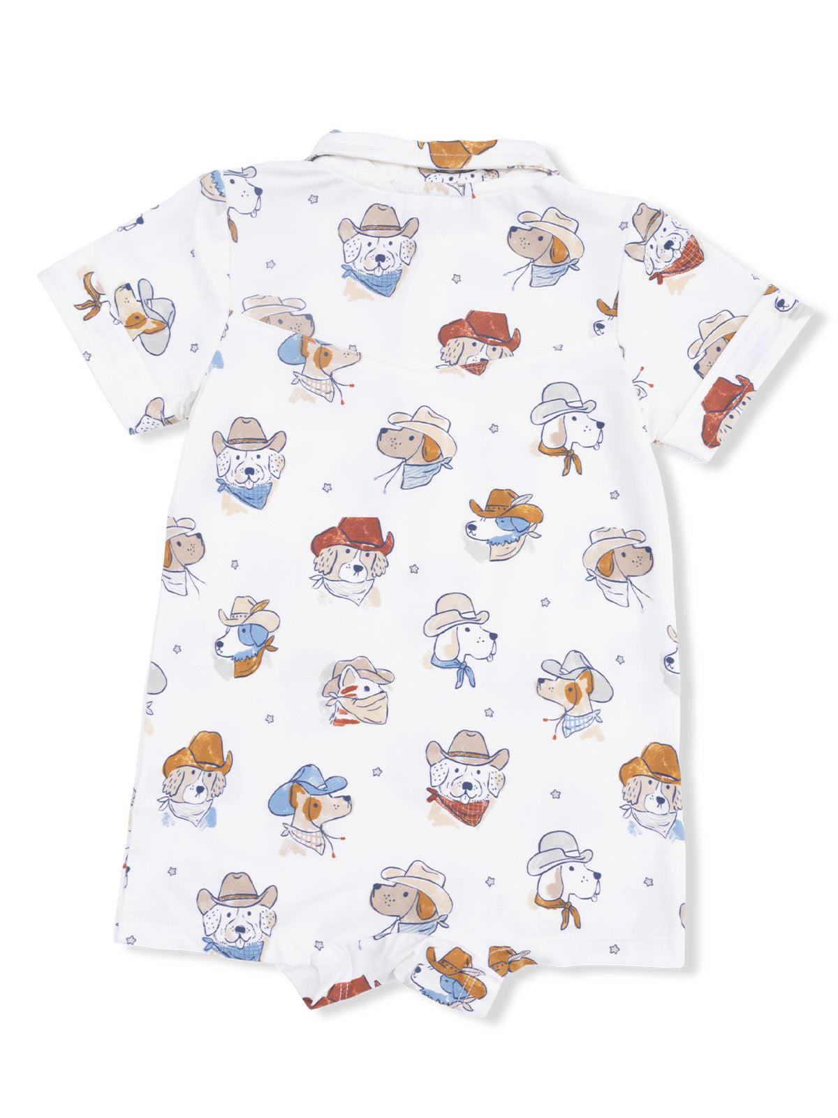 Children's shirt featuring playful dog illustrations in cowboy hats and bandanas on a white background.