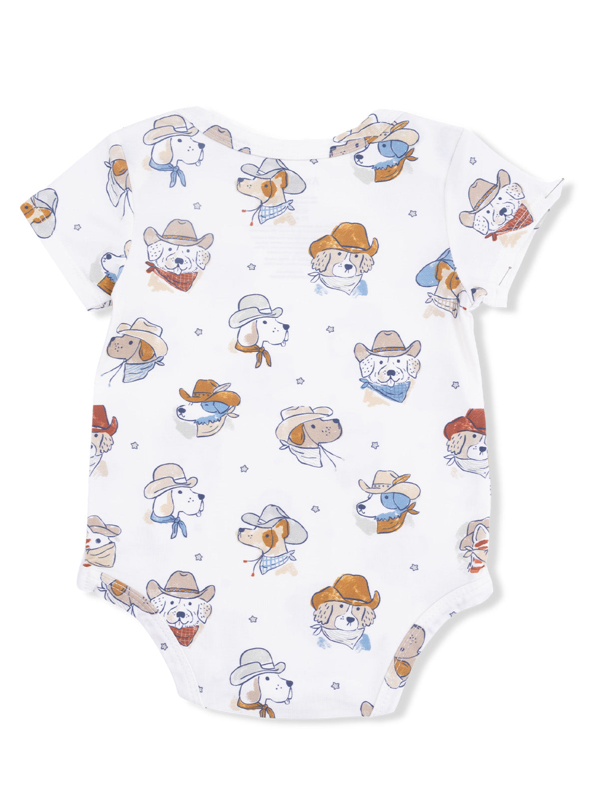 White baby romper with cartoon dogs in cowboy hats and bandanas, featuring playful illustrations and a short-sleeve design.