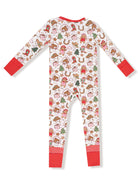 Red and white pajama set featuring a fun holiday pattern of gingerbread, ornaments, and Christmas trees.