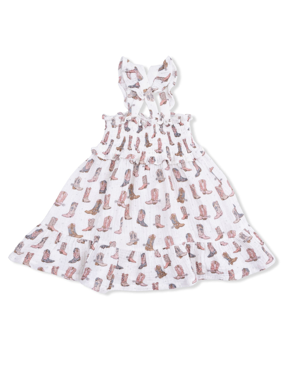 White dress with a ruffled bodice and a pattern of colorful cowboy boots.