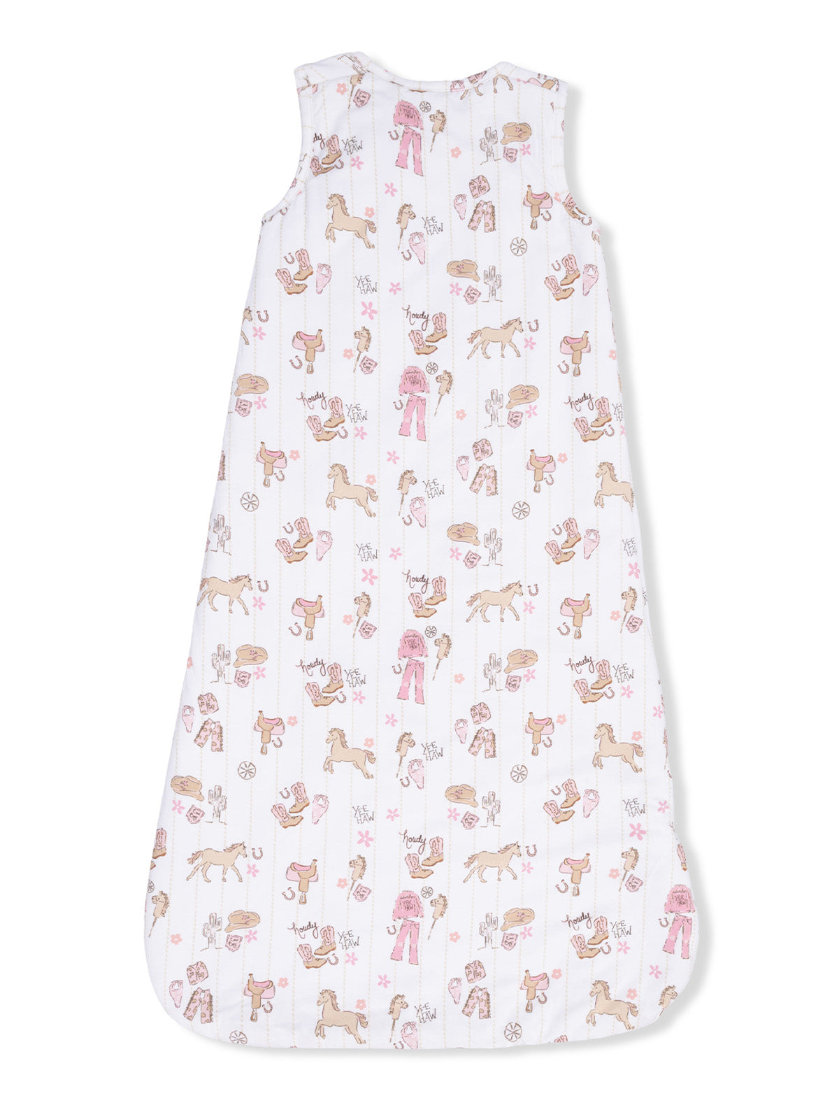 Baby sleep sack with playful horse and grooming-themed patterns in pastel colors on a white background.